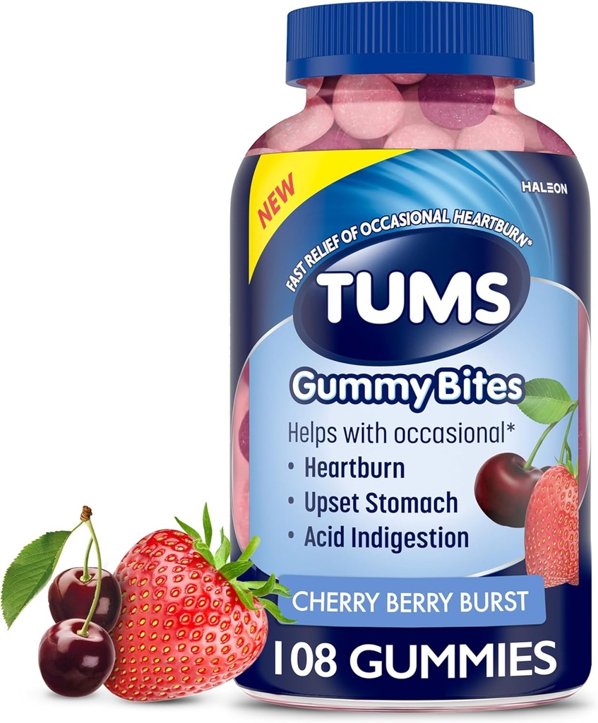 TUMS Gummy Bites Suplemento dietético para el alivio de la acidez ocasional, estomacas de inicio e indigestión de ácido, Ideal para un barbacoa de verano - Cherry Berry Burst - 108 Conde