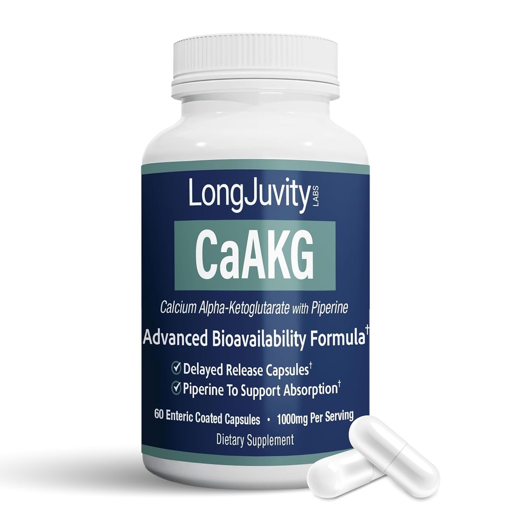 LongJuvity Calcium Alpha-Ketoglutarate Time Release AKG Supplement (1,000mg Por Serving) - Gut Heath, Bone Health, Anti Aging &amp; Longevity - Independently Lab Tested (60 Enteric Coated Capsules)