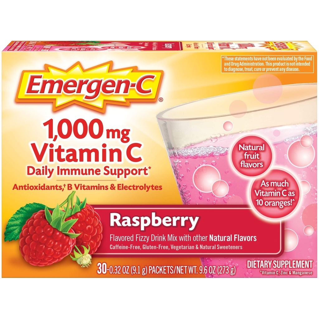 Emergen-C 1000mg Vitamina C Immune Support Powder Raspberry 30CT incluye Zinc, Manganese, 7 B Vitaminas y Electrolitos para Volver a Esenciales Escolares