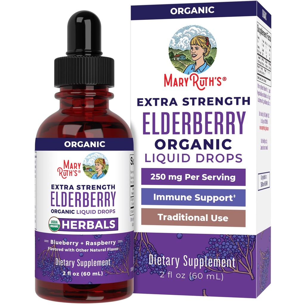 MaryRuth Organics Elderberry Syrup Extra Strength, USDA Organic Elderberry, Sugar Free Adults &amp; Kids Immune Support Supplement for Ages 1+, Clean Label Project Verified®, Vegan, Gluten Free, 2 Fl Oz