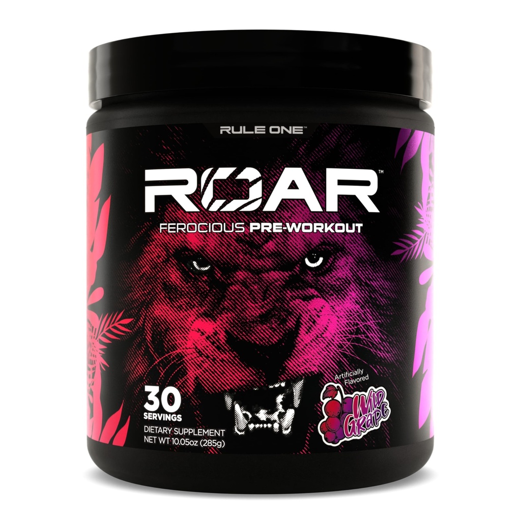Regla 1 R1 Roar - Pre-Workout Powder con Creatina, Beta-Alanina, Citrulline, Electrolitos &amp; Caffeine (30 Servimientos, Wild Grape)