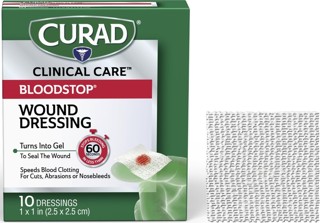 CURAD BloodStop® Wound Dressing  1” x 1” ← Hemostatic Gauze ayuda a dejar de sangrar Rápido para evitar cortes, abrasiones o enfermedades nasales.