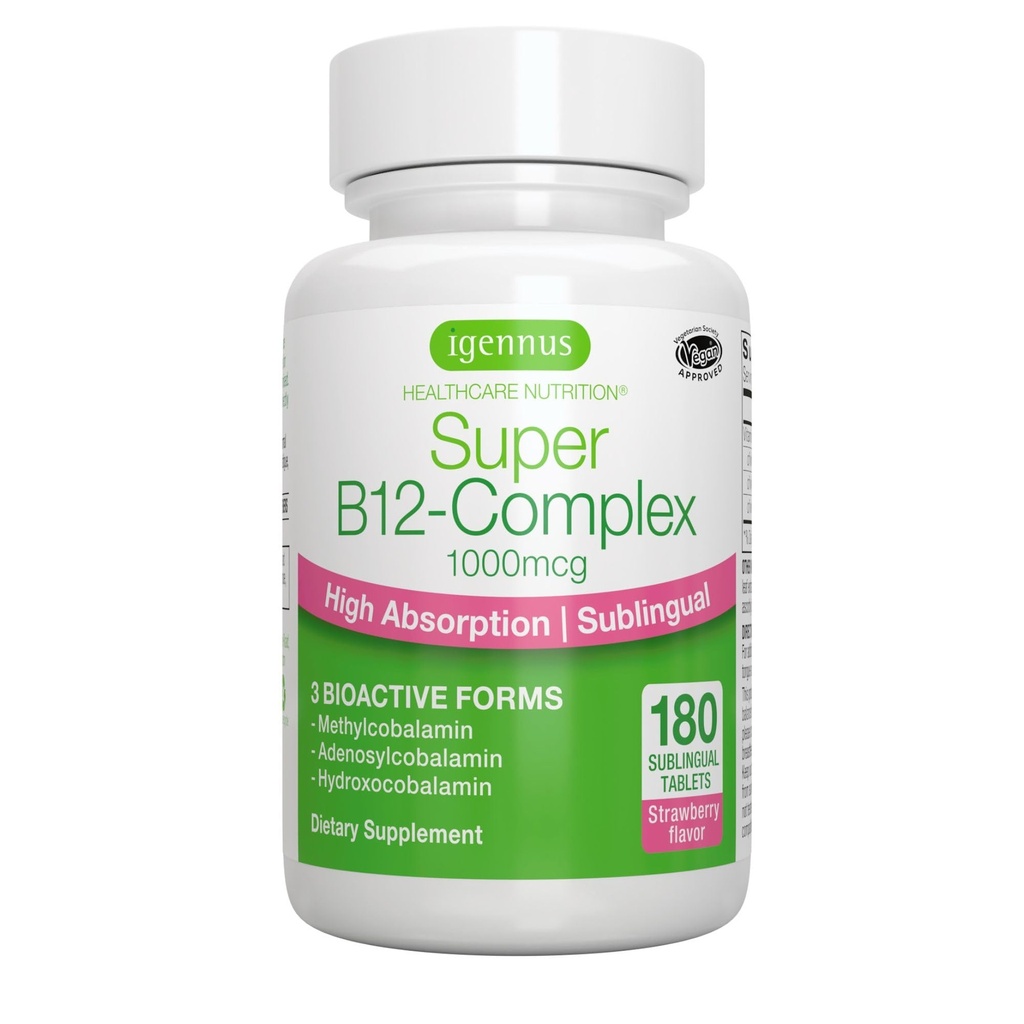 Igennus Sublingual Vitamina B12 Complejo 1000mcg, Metilcobalamina metillaminada, Adenosylcobalamin & Hydroxocobalamin, Alta absorción &amp; Limpia, 180 Servimientos, Libre de azúcar &amp; Vegan