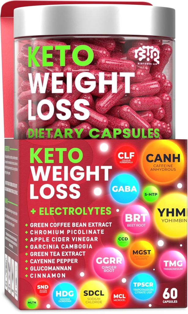 Keto Weight Píldoras dietéticas, extracto de grano de abeto natural, quemador de grasa para mujeres y hombres con sidra de manzana, extracto de grano de café verde, cuna de arándanos " Hambre, Metabolismo Booster Suplemento - 60 cápsulas