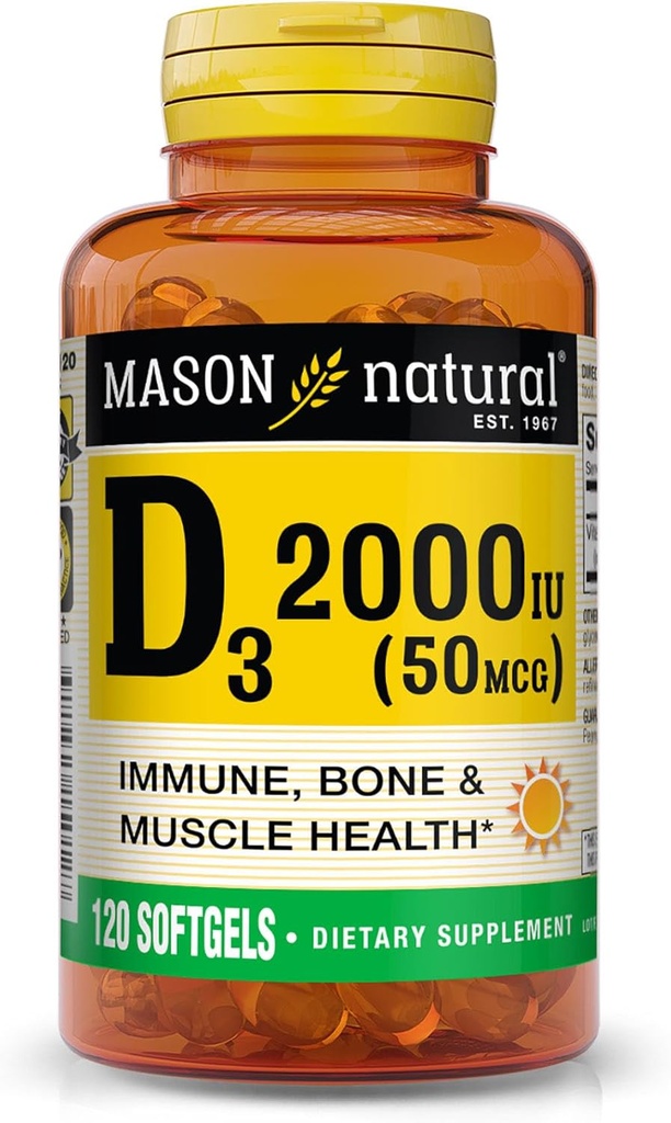 MASON NATURAL Vitamina D3 2,000 UI Ultra Strength, soporta la densidad de los huesos, la fuerza &amp; salud inmunitaria, 120 Softgels