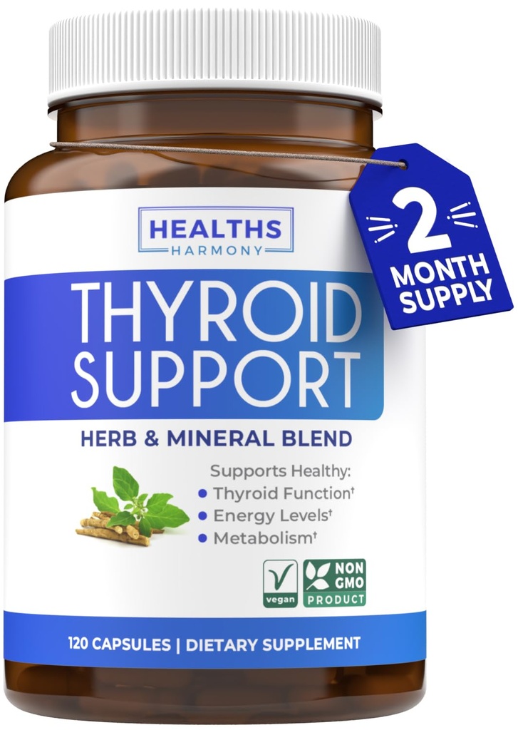 Soporte de tiroides con yodo - 120 cápsulas (No-GMO) Mejora tu energía - Ashwagandha Root, Zinc, Selenium, Vitamina B12 Complejo - Suplemento de salud tiroidea para mujeres y para hombres - 60 días de suministro