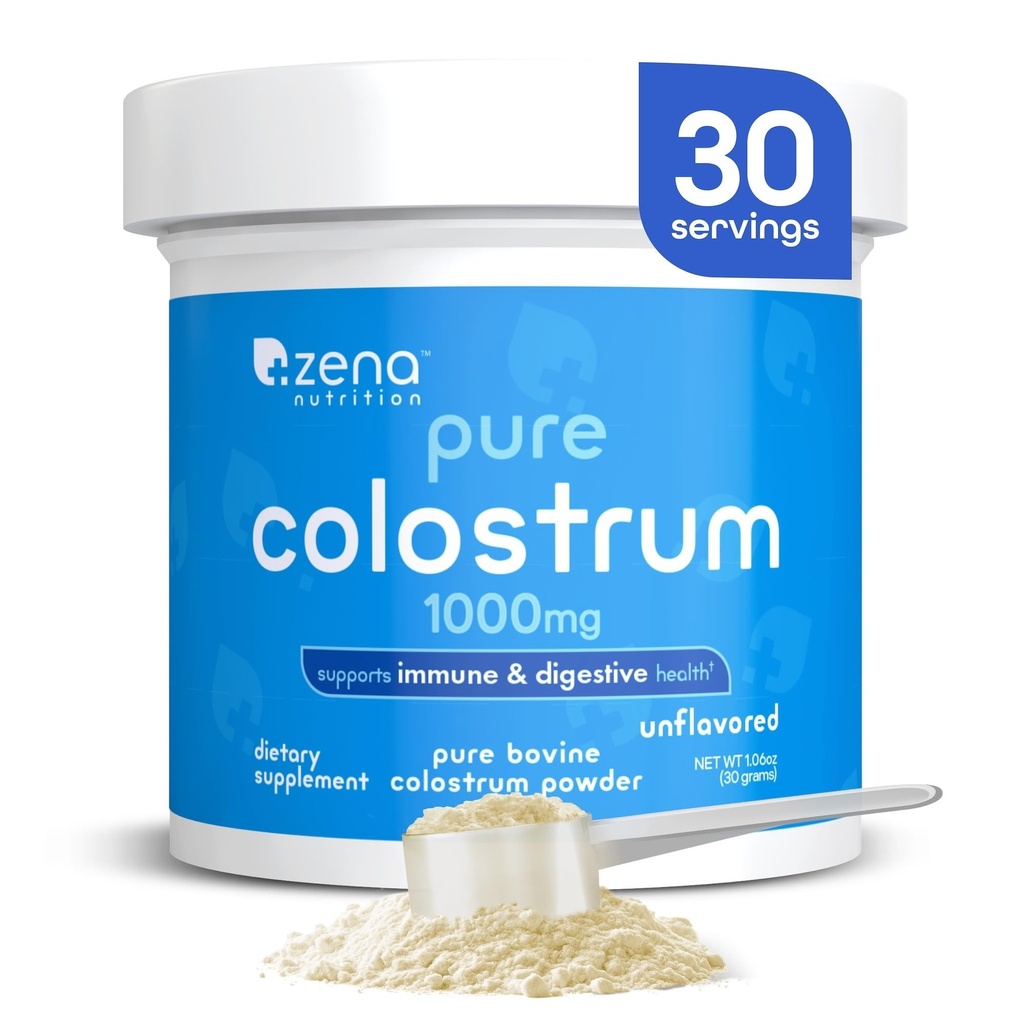 Zena Nutrition Bovine Colostrum Powder Suplemento, 1000mg Puro Colostrum, apoya la salud inmune y digestiva, promueve la salud de Gut, Keto, Gluten Free, Fat Free, Grass Fed, Unflavored, 30 Servings