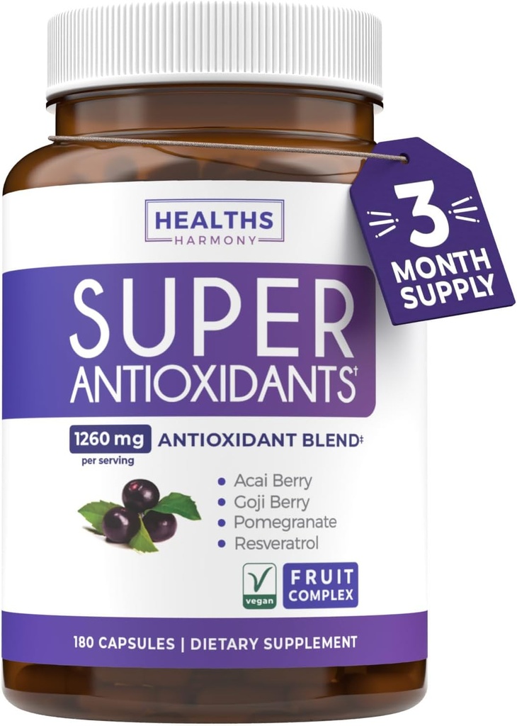 Super Antioxidantes Suplemento - Potente Antioxidante de Superalimento Daily Blend - Acai Berry, Goji, Pomegranate & Trans Resveratrol - Herbal y Fruit Formula Para Mujeres y Hombres - Cuidado de la piel - 180 cápsulas