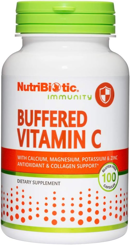 NutriBiotic Buffered Vitamin C, 500 Mg, 100 Caps ← Farmacéutica Grado Vitamina C con Calcio, Magnesio, Potasio y Zinc ← Antioxidante &amp; Collagen Support ← No GMO &amp; Gluten Free