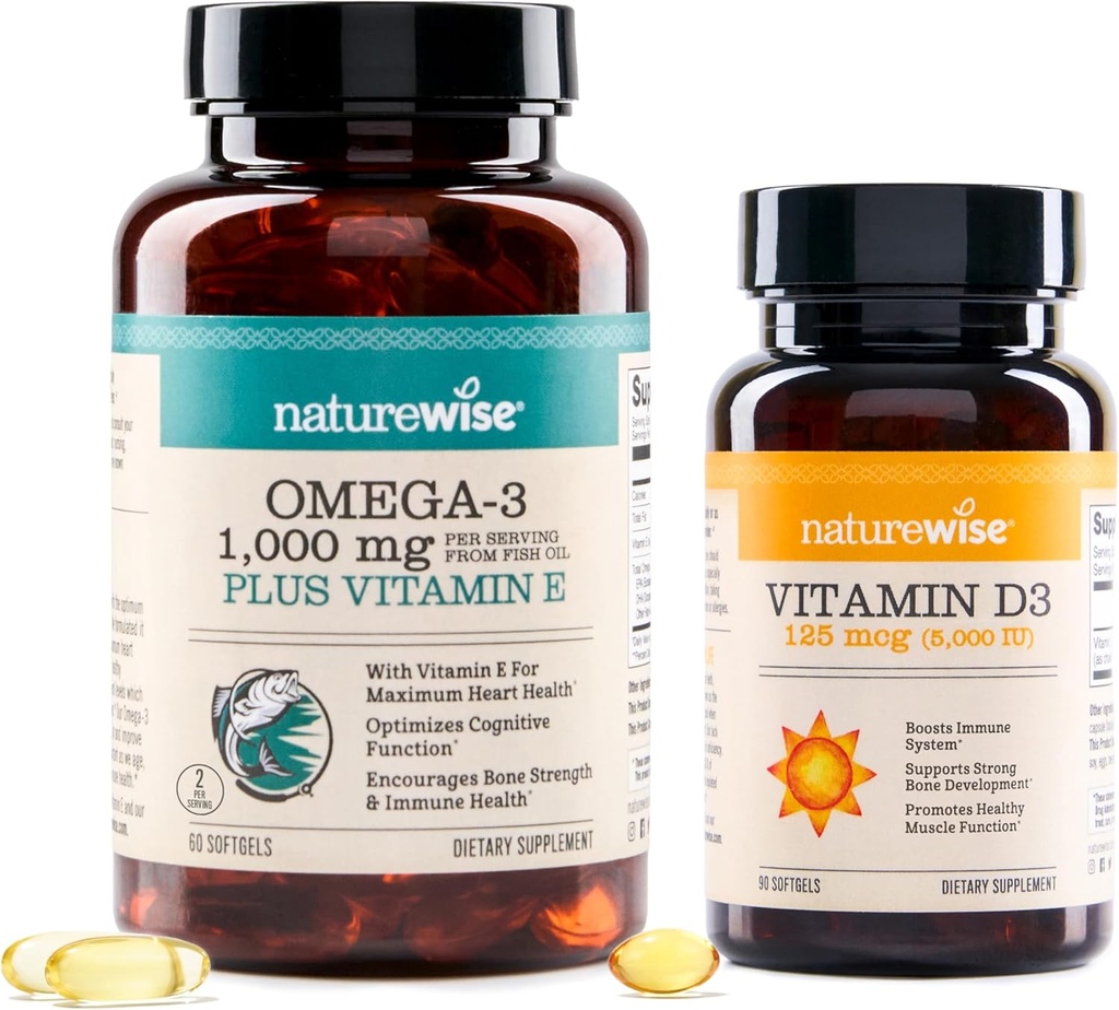 NatureWise High-Potency 1000mg Omega 3 con 600mg EPA, 400mg DHA, &amp; Vitamina E &amp; Vitamina D3 5000iu (125 mcg) Función del músculo saludable, y soporte de inmuno