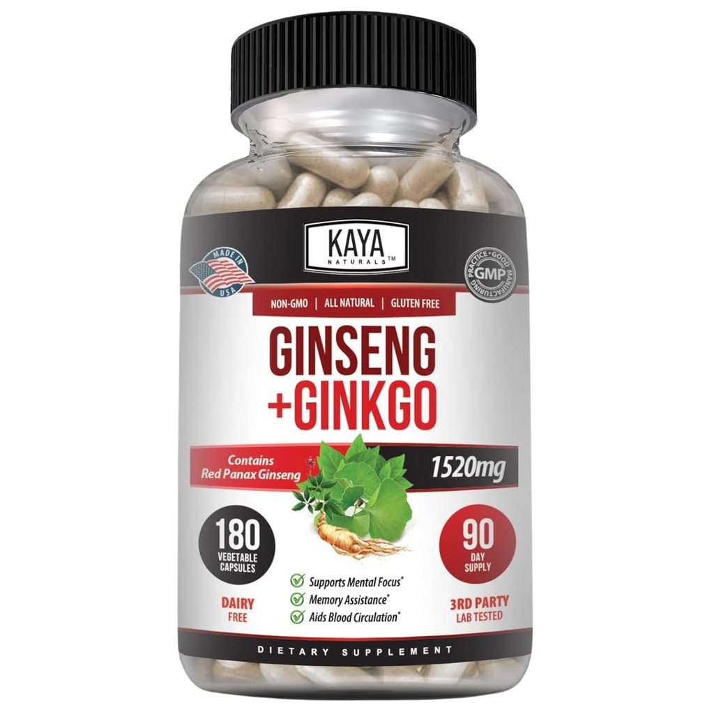 Kaya Naturals Red Panax Ginseng + Ginkgo Biloba - Suplemento Nootropic Brain - Soporte Cognitivo y Concentración - Booster de Cerebro, Enfoque y Suplemento de Memoria - 180 cápsulas