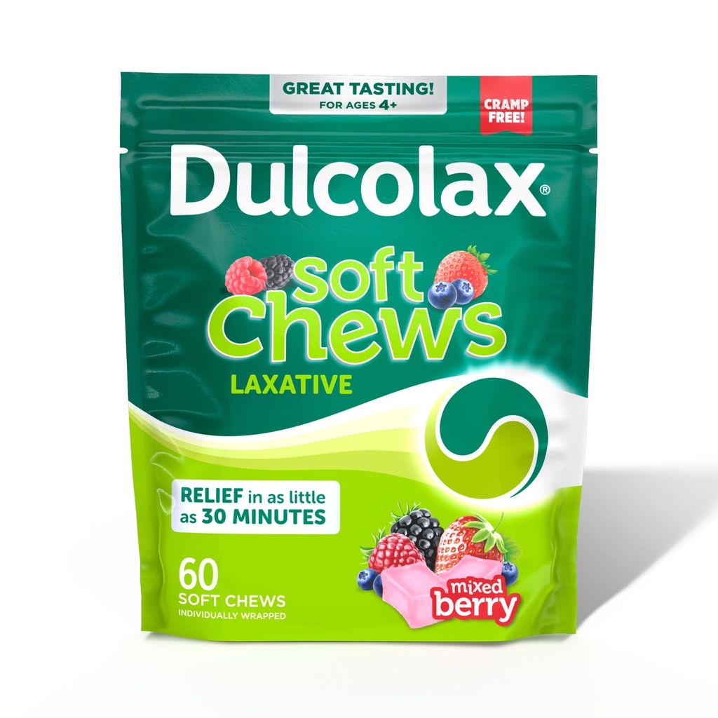 Dulcolax Saline Laxative Soft Chews, Gentle Constipation Relief, Mixed Berry Flavor, Magnesium Hydroxide 1200 mg, 60 Condes