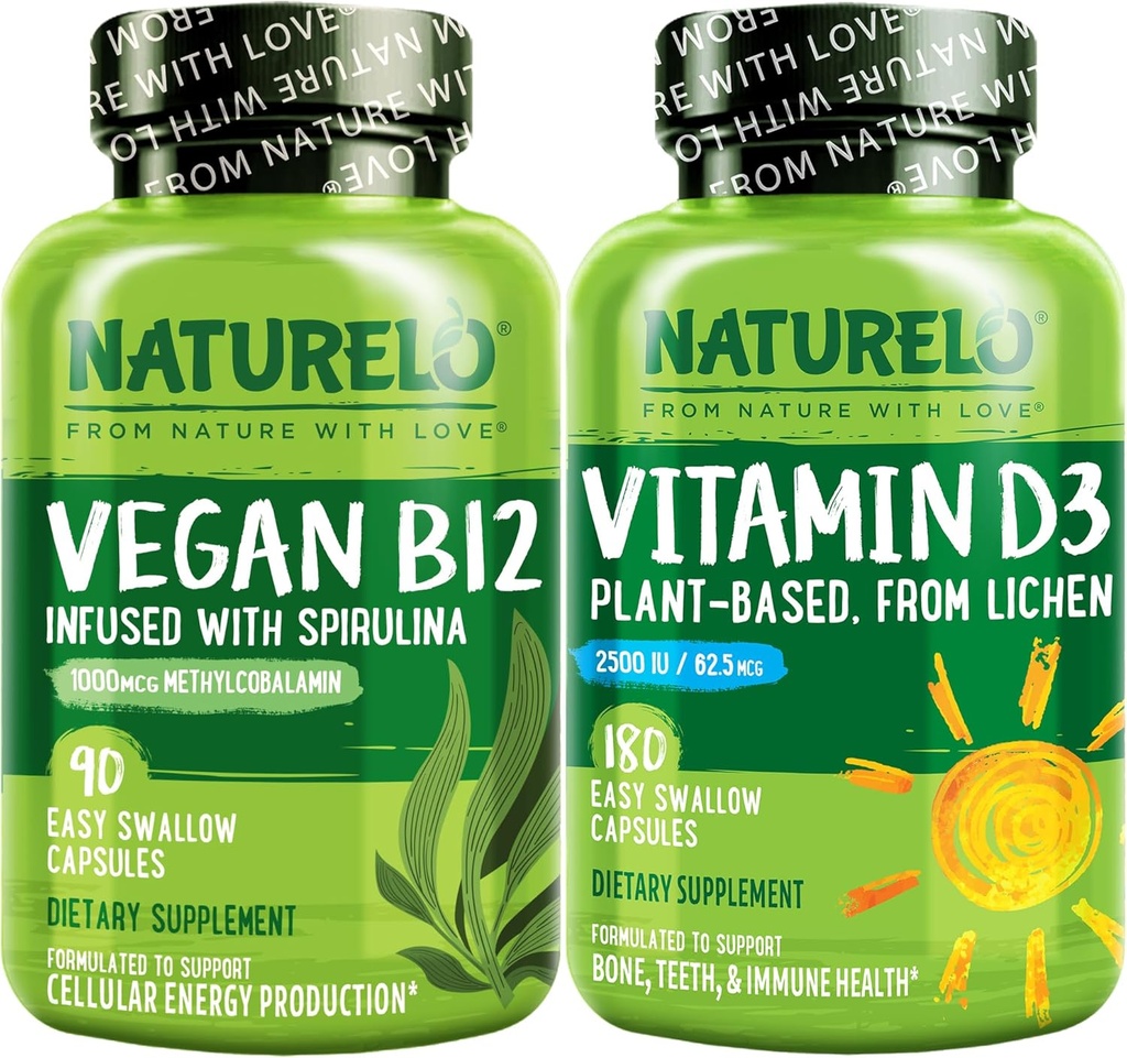NATURELO Vitamina D - Planta Basada en Lichen - 180 Mini Capsules, Vegan B12, 1000 mcg Methylcobalamin - 90 cápsulas