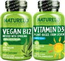 NATURELO Vitamina D - Planta Basada en Lichen - 180 Mini Capsules, Vegan B12, 1000 mcg Methylcobalamin - 90 cápsulas