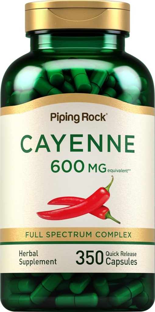 Piping Rock Cayenne Pepper Capsules TEN 600mg ANTE 350 Conde TENIDO Suplemento Extracto para Hombres y Mujeres TENIDO NO GMO, Gluten Free