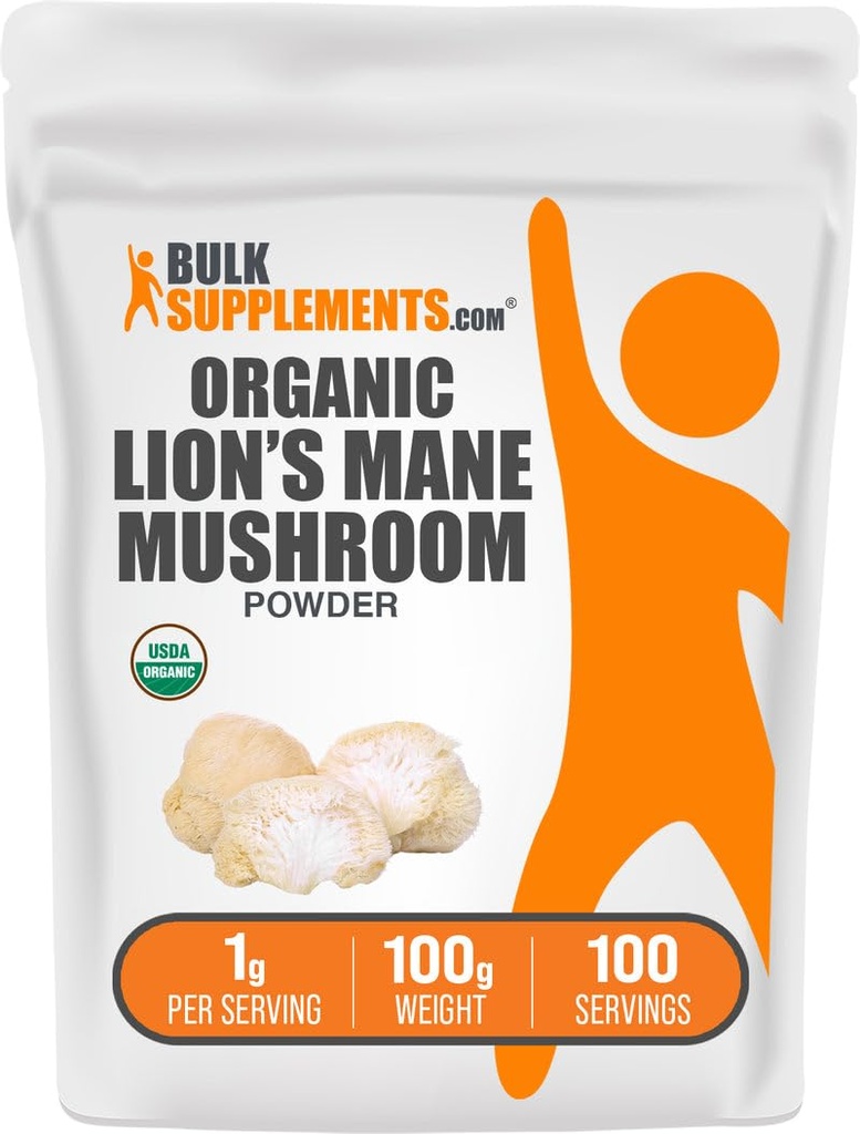 BulkSupplements.com Leones orgánicos Mane Mushroom Powder - Lions Mane Powder, Mushroom Suplemento - Vegan & Gluten Gratis, 1g por Serving, 100g (3.5 oz) (Pack of 1)
