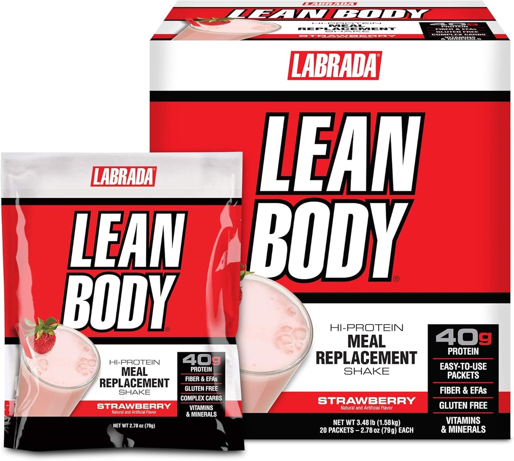 Labrada Lean Body MRP All-In-One Strawberry Meal Replacement Shake, 40g Protein, Whey Blend, 8g Healthy Fats " Fiber, 22 Vitaminas y Minerales , Sin color artificial, Gluten Free, (20 Packets)