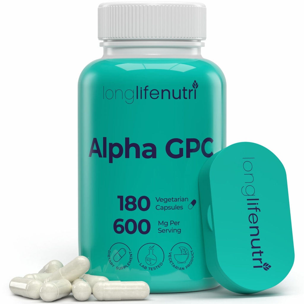 Suplemento de la línea alfa GPC 600mg – 180 cápsulas vegetarianas, Nootropic de alta pureza para energía diaria, fuente de 3 meses, fuente de acetilcolina para la claridad mental cognitiva, certificado GMP, hecho en EE.UU.