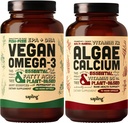 Vegan Omega 3 180 Softgels & Algae Calcium Bundle - Planta base DHA &amp; EPA ácidos grasos, Suplemento de calcio de Algas Rojas con vitamina K2 &amp; D3, Magnesio, Zinc, Boron, Complejo Mineral