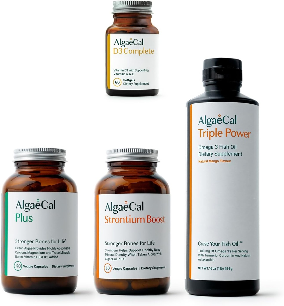 ALGAECAL Ultimate Bone Bundle - D3 Complete (1000 IU) + K2, Vitamina E, Vitamina A & Calcium con base vegetal para aumentar la densidad de bonificación & Omega 3 Fish Oil con 1200 mg EPA DHA