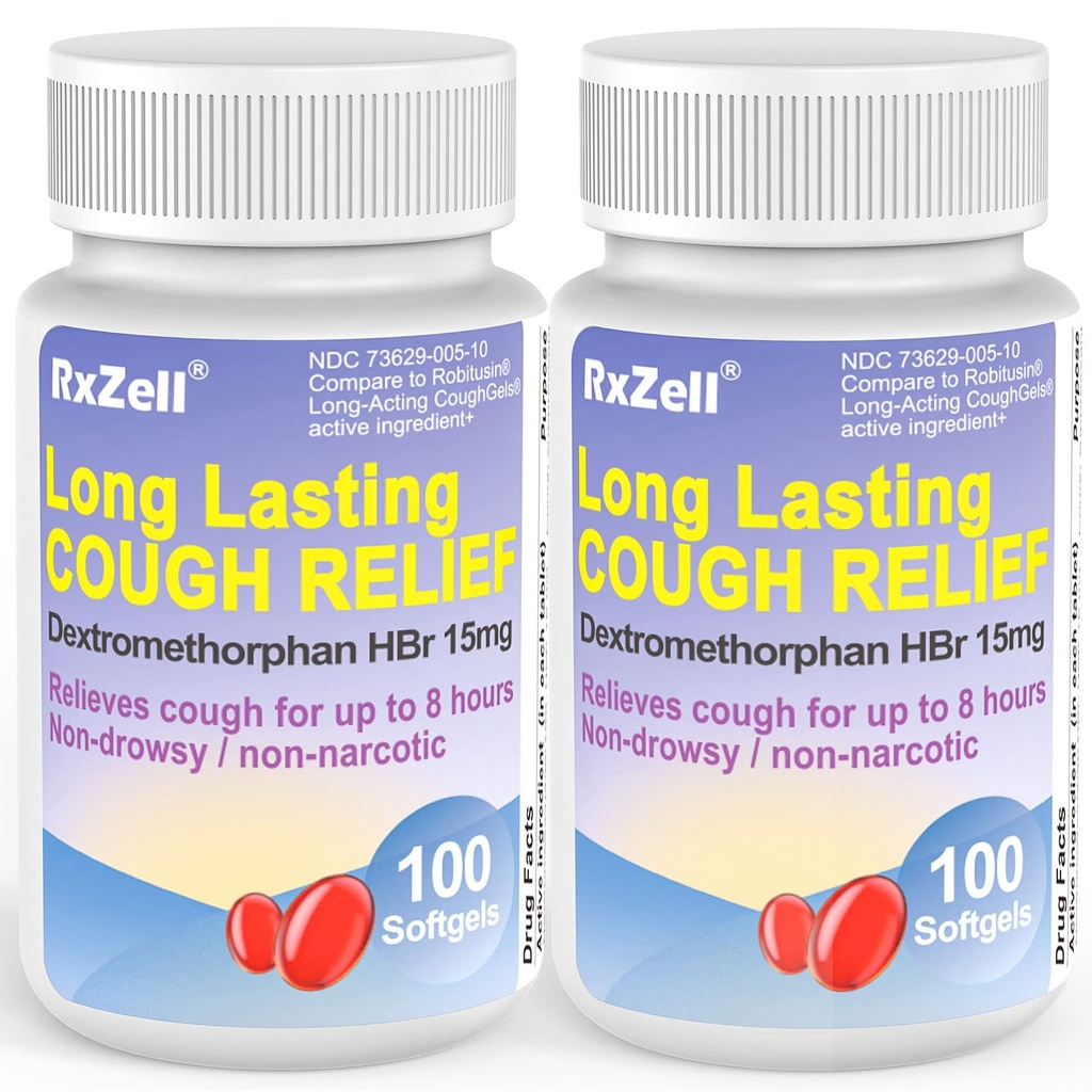RXZELL Adult Cough Relief, Dextromethorphan HBr 15mg (200 Softgels), 8 Hour Long Lasting, Non-Drowsy, Cough/Bronchial Suppressant