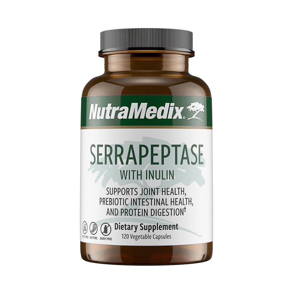 NutraMedix Serrapeptase Supplement with Proteolytic Digestive Enzymes for Women &amp; Men - Inulin Prebiotic Fiber for Gut Health & Joint Support - Dairy, Soy & Gluten-Free (120 Capsules)