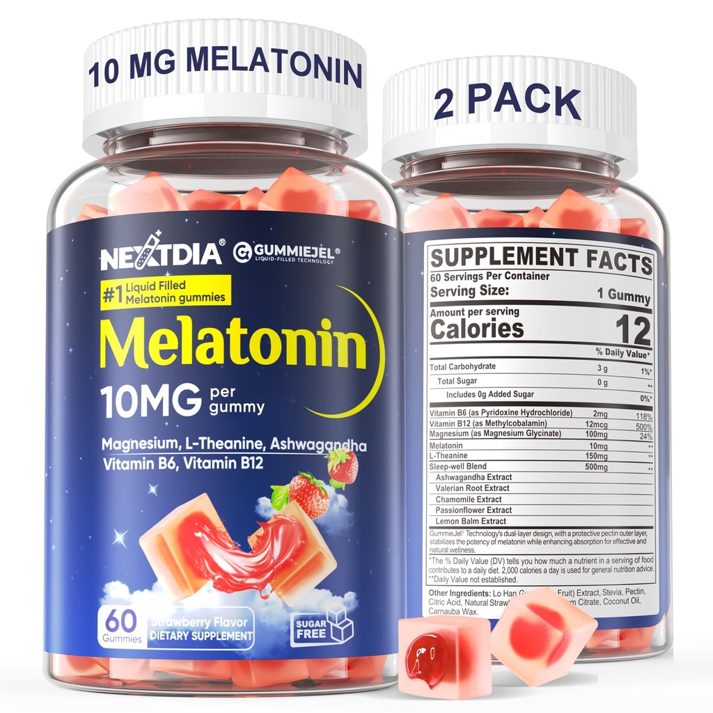 2 Pack Sugar Gummies de Melatonina Gratis 10mg 20mg Magnesium Glycinate Melatonin for Adults, Ashwagandha, L-Theanine, B6, B12, Lemon Balm and Chamomile for Deep Relaxation, Antioxidant, Vegan,120 Day