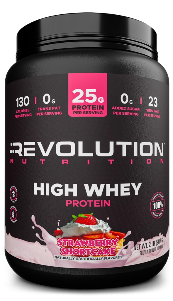 Revolution Nutrition, High Whey, Protein Powder 2LB, Whey Isolate, Gluten Free, Lean Muscle Mass for Men &amp; Women, 25g of Protein Per Scoop, 908 g, 24 Servings (Strawberry Shortcake, 2 Pound)