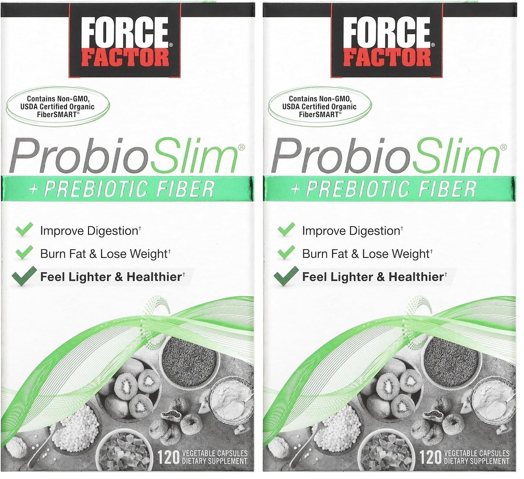 Factor de fuerza ProbioSlim + Prebiótico Fiber Perder peso Suplemento para Mujeres y Hombres, Probiótico y Prebiótico Salud Digestiva Apoyo con Té Verde Extracto y Psyllium Husk Fiber, 120 cápsulas