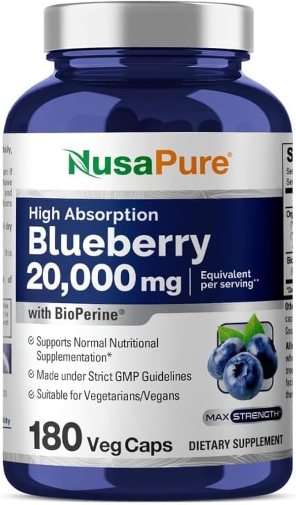 NusaPure Blueberry Concentrate 20,000mg - 180 Veggie Powder caps (Extract 30:1, 100% Vegetariano, Non-GMO)