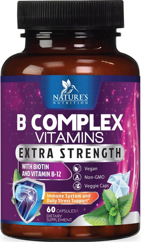 B Complejo de vitaminas cápsulas - con vitamina B12 B6 B100 C Biotin Folate & ácido fólico - Suplemento para el corazón, cerebro, &amp; soporte nervioso - Super Completo B-Complex para Immune & Energy Support - 60 cápsulas