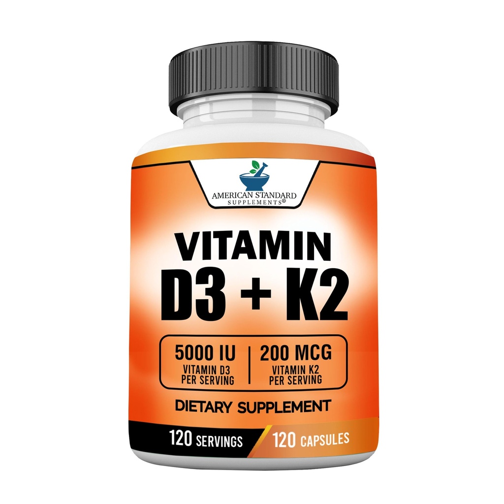 Suplementos Estandares Americanos Vitamina D3 5000 UI (125mcg) Plus Vitamina K2 (MK7) 200mcg Por Cápsula - Gluten Gratis, No-GMO, 120 Cápsulas, 120 Serviciones, 120 Day Supply