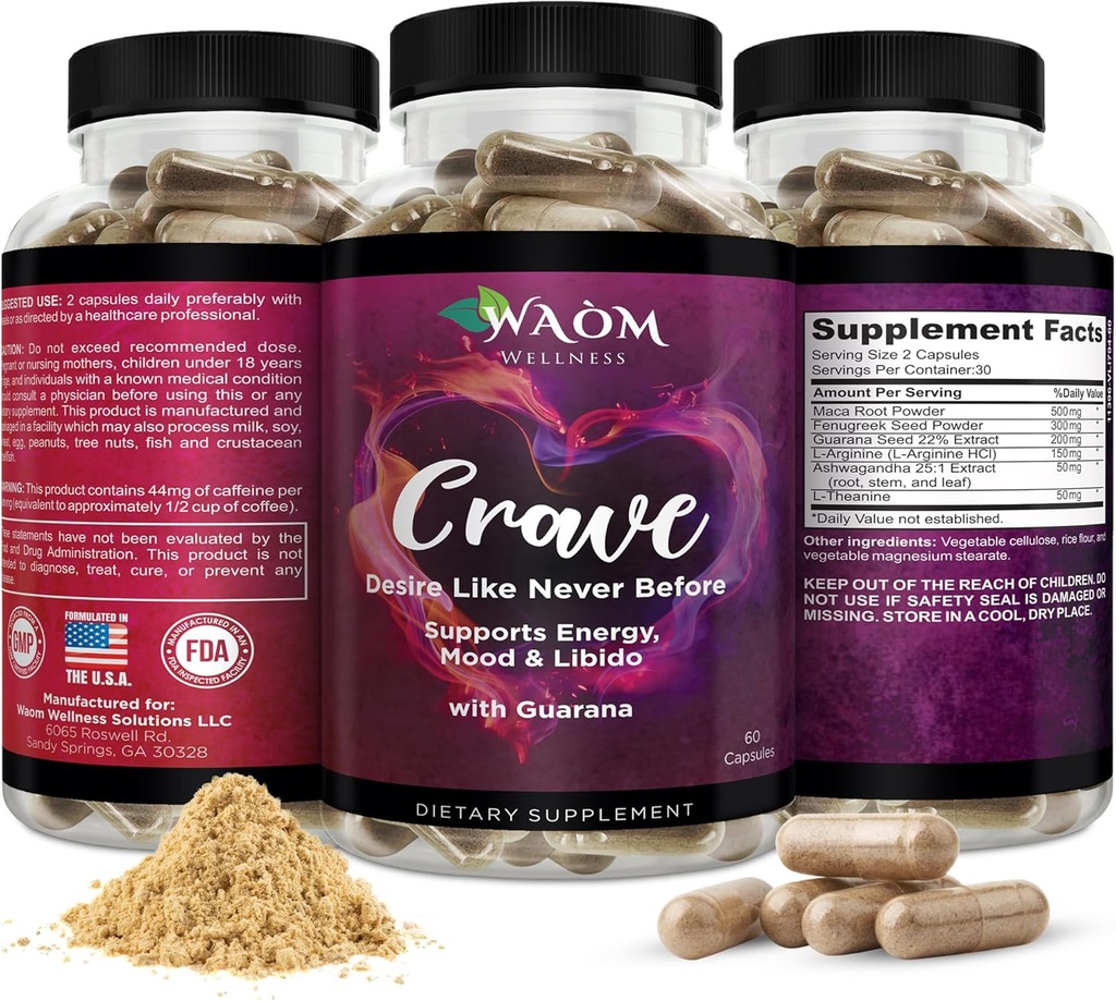 Crave – Booster de Deseo de Mujeres con Maca, Ashwagandha & L-Theanine – Energía Natural, Mood & Hormone Balance Support – 60 cápsulas Vegan