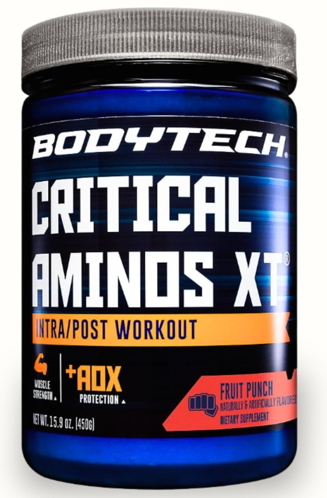 BODYTECH Critical Aminos XT Intra/Post Workout Powder en Delicious Fruit Punch Flavor - Formulado para apoyar la recuperación del músculo y mejorar el rendimiento para resultados óptimos (15.9 oz / 45 Servings)