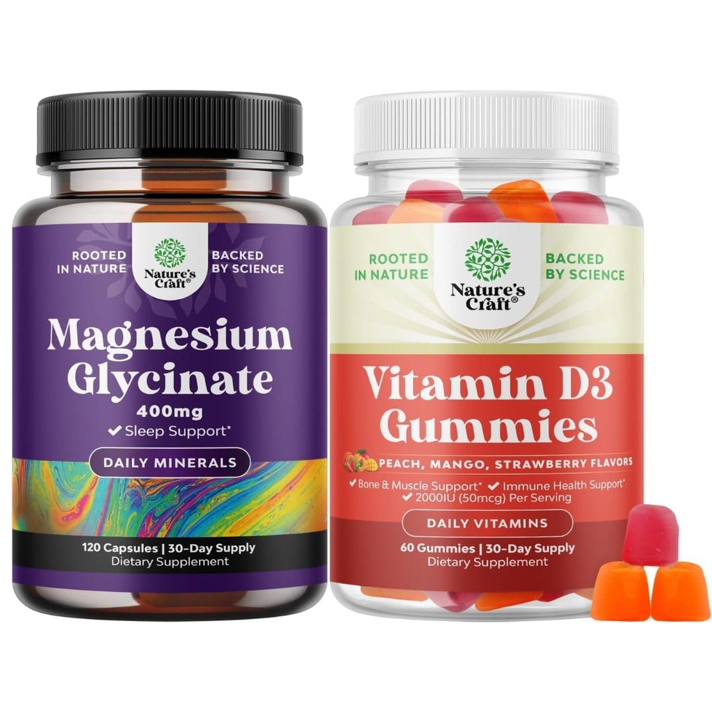 Bundle of Pure Magnesium Glycinate 400mg Por Serving for Mood Sleep and Relaxation and Vitamin D3 Gummies for Daily Wellness or Bone Muscle & Immune Support