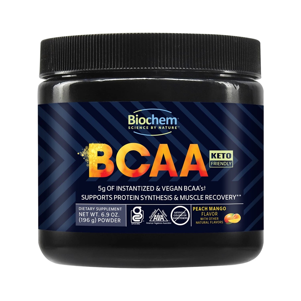 Biochem BCAA Powder Peach Mango 5g – 30 Servings peru Vegan, Gluten Free, Keto, Instantized 2:1 BCAA Suplemento para la recuperación muscular, sintesis proteína " Hydration  durable Electrolyte Amino Acid Powder