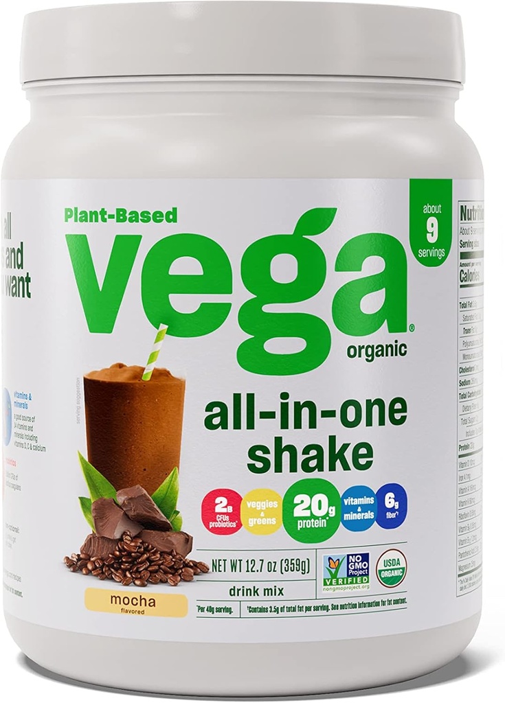 Vega Orgánica All-in-One Vegan Protein Powder Mocha (9 Servings) Superfood Ingredients, Vitaminas para Apoyo Inmunitario, Keto Friendly, Pea Protein for Women &amp; Men, 12.7oz (Packaging May Vary)