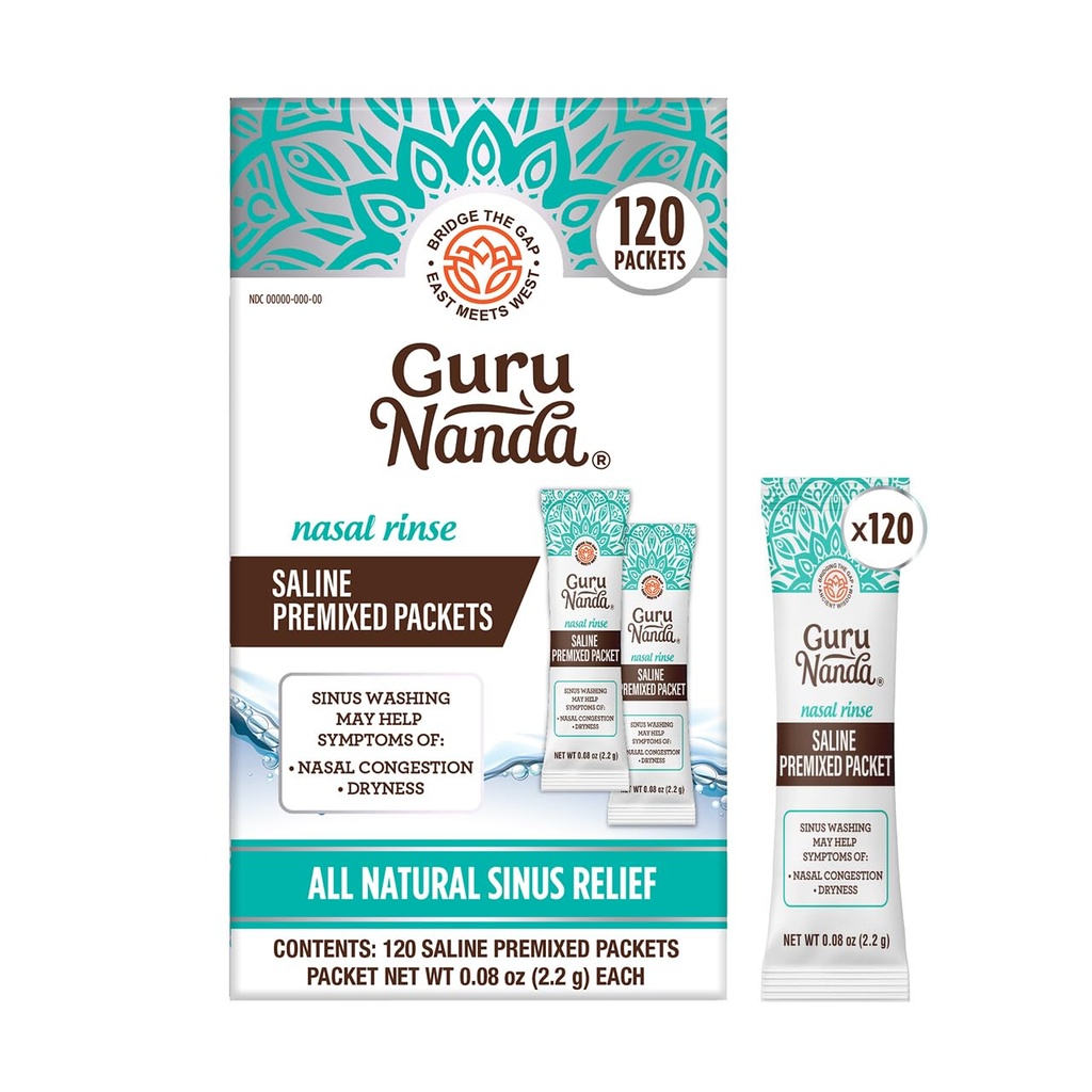 GuruNanda PreMixed Saline Packets for Nasal Rinse (120 Conde), All Natural Sinus Rinse Packets to Help with Allergies & Congestion Relief, 0.08oz Cada uno