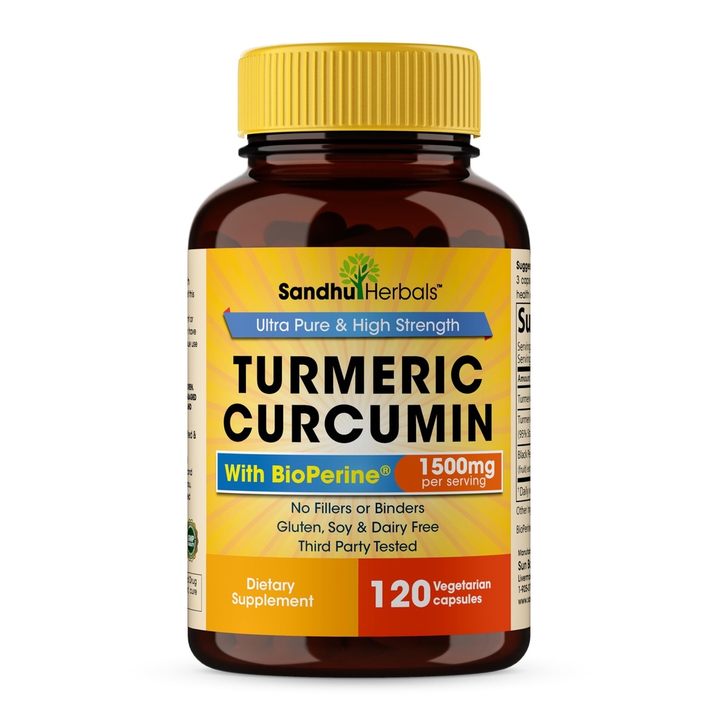 Sandhu Herbals Orgánica Turmeric Curcumin 120 Capsules con Bioperine Black Pepper Extracto Suplemento Silencio 1500mg con 95% Curcuminoides Silencio Immune Support