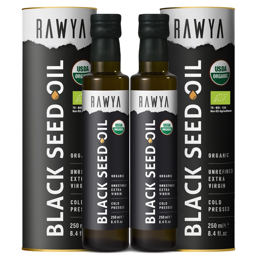RAWYA Black Seed Oil - Orgánica Frío Presionado Nigella Sativa - Orígen Turco - USDA Orgánica - Suplemento Natural - Black Cumin Seed Oil - Rich Flavor & High Concentration - 250ml Glass Bottle - 2 Pack