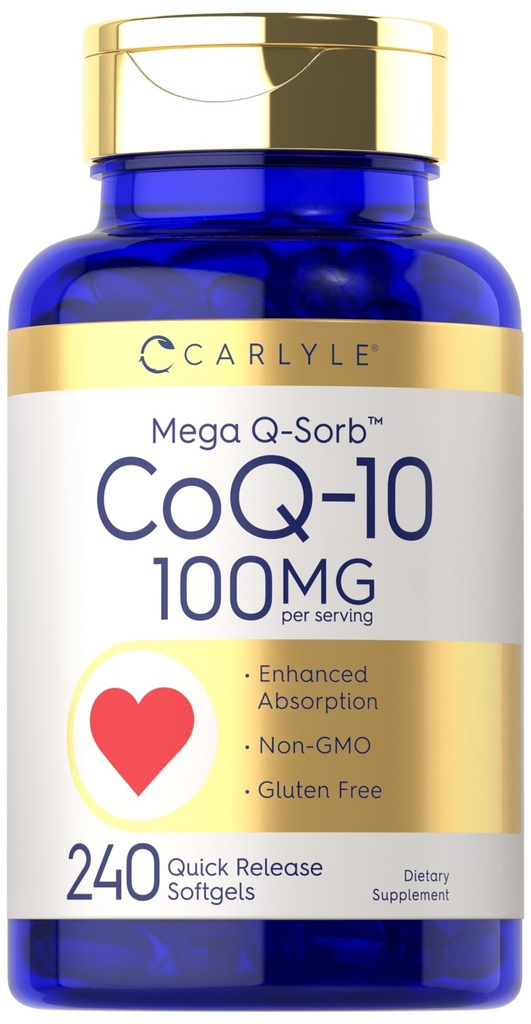 Carlyle CoQ10 100mg TEN 240 Softgels TEN Mega Q-Sorb Coenzyme Q-10 Silencio con Black Pepper Extract ANTE No GMO, Gluten Free Supplement