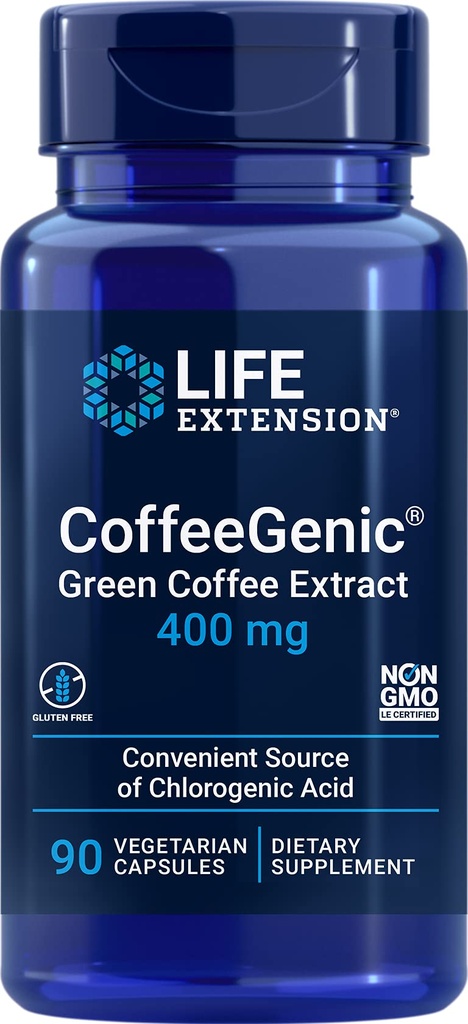 Ampliación de vida Café Genic® Green Coffee Extract, 400 mg, estandarizado para 50% ácido clorogénico, post-meal Metabolismo Support, Gluten Free, No GMO, Vegetariano, 90 cápsulas