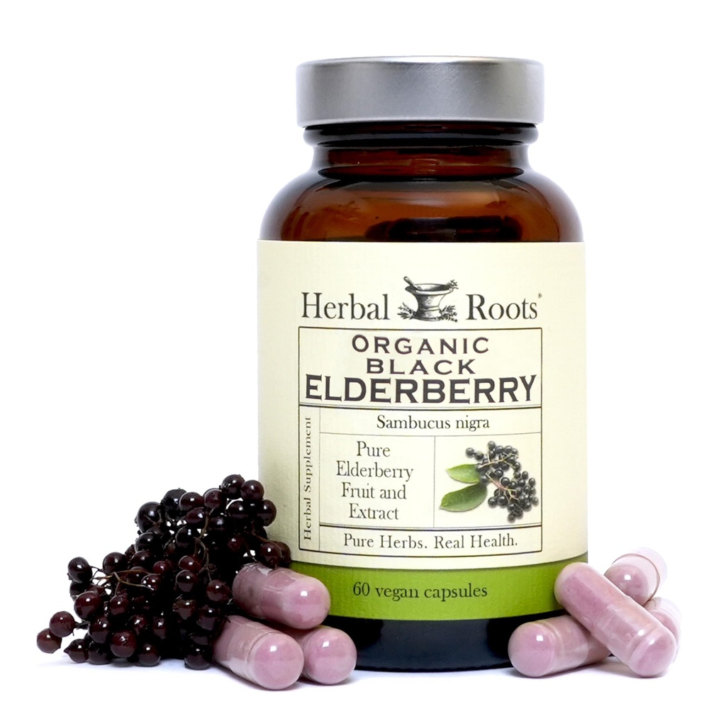 Herbal Roots Organic Black Elderberry Capsules ← Max Strength Silencio Hecho con el Sambucus Orgánico  60