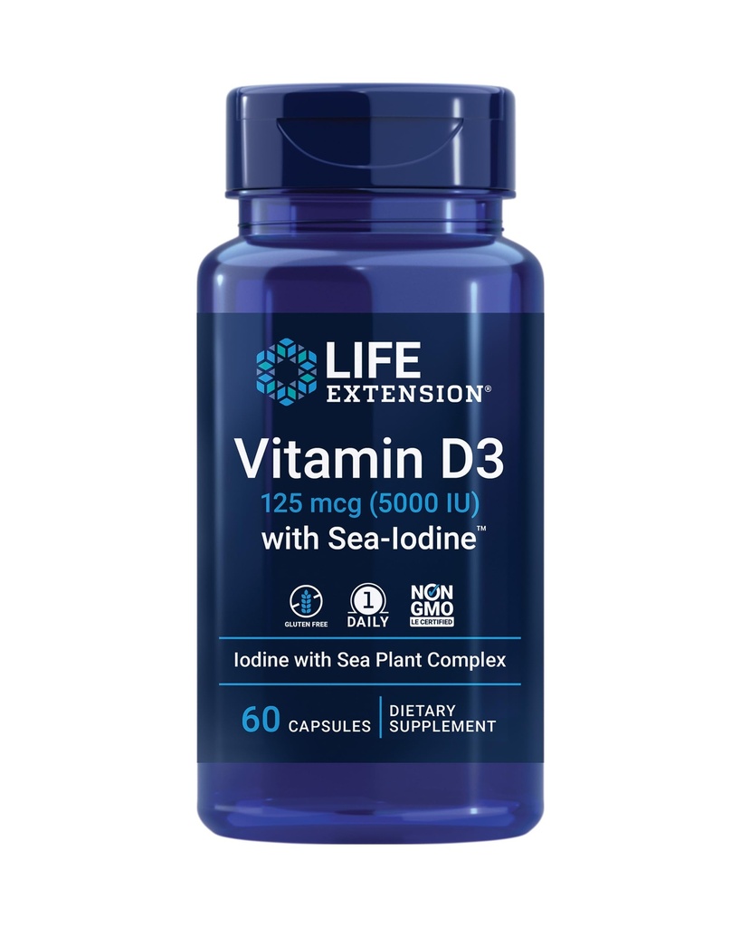 Extensión de la vida Vitamina D3 con IodineTM, 125 mcg (5000 UI) – Apoyo inmunológico, salud ósea, salud tiroidea – 1 diariamente, libre de gluten, no GMO – 60 cápsulas