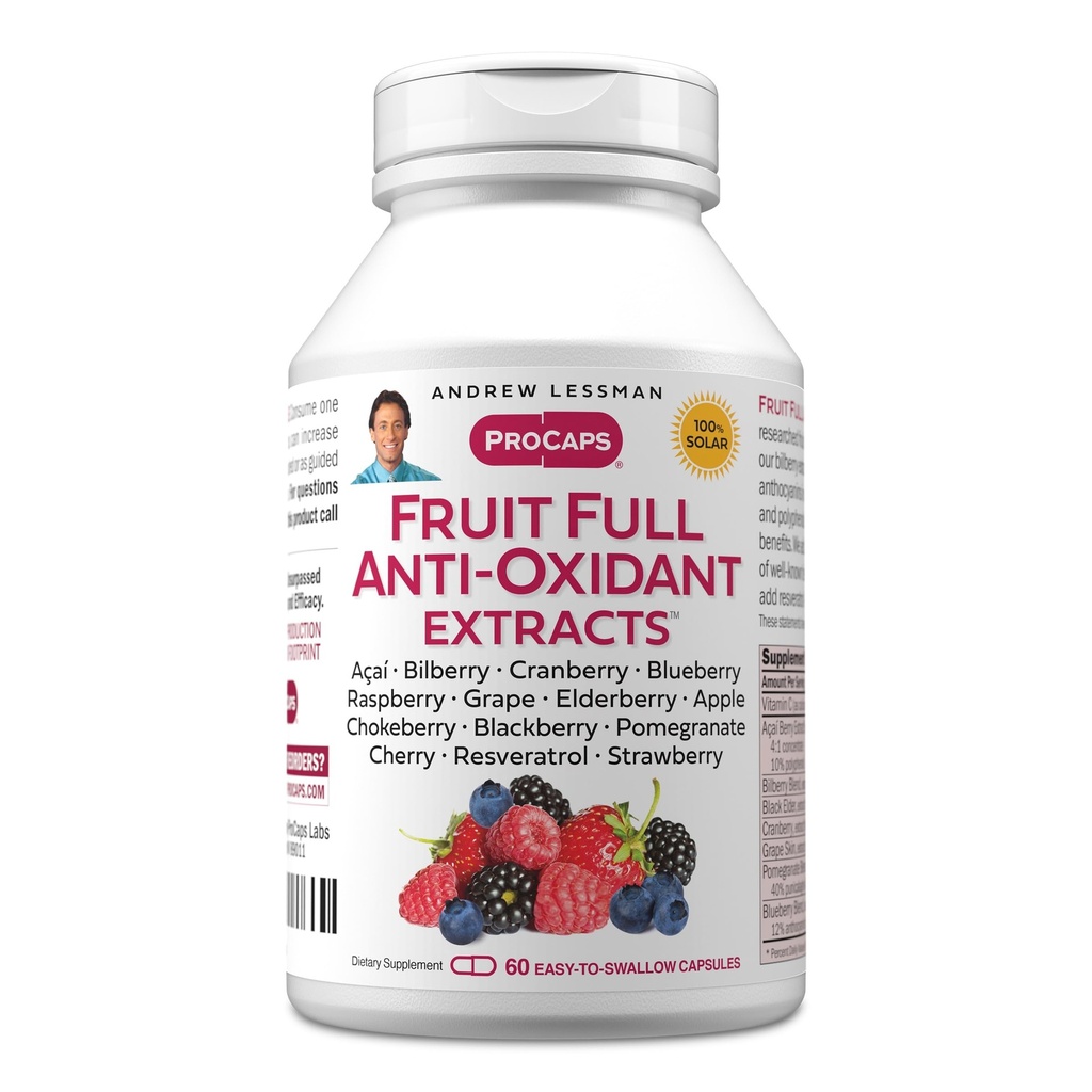 ANDREW LESSMAN Fruit Full Anti-Oxidant Extracts 60 Capsules - 14 Natural Fruit and Berry Extracts. Arándano, arándano, semillas de uva, granada, resveratrol y más. Fácil de intercambiar cápsulas