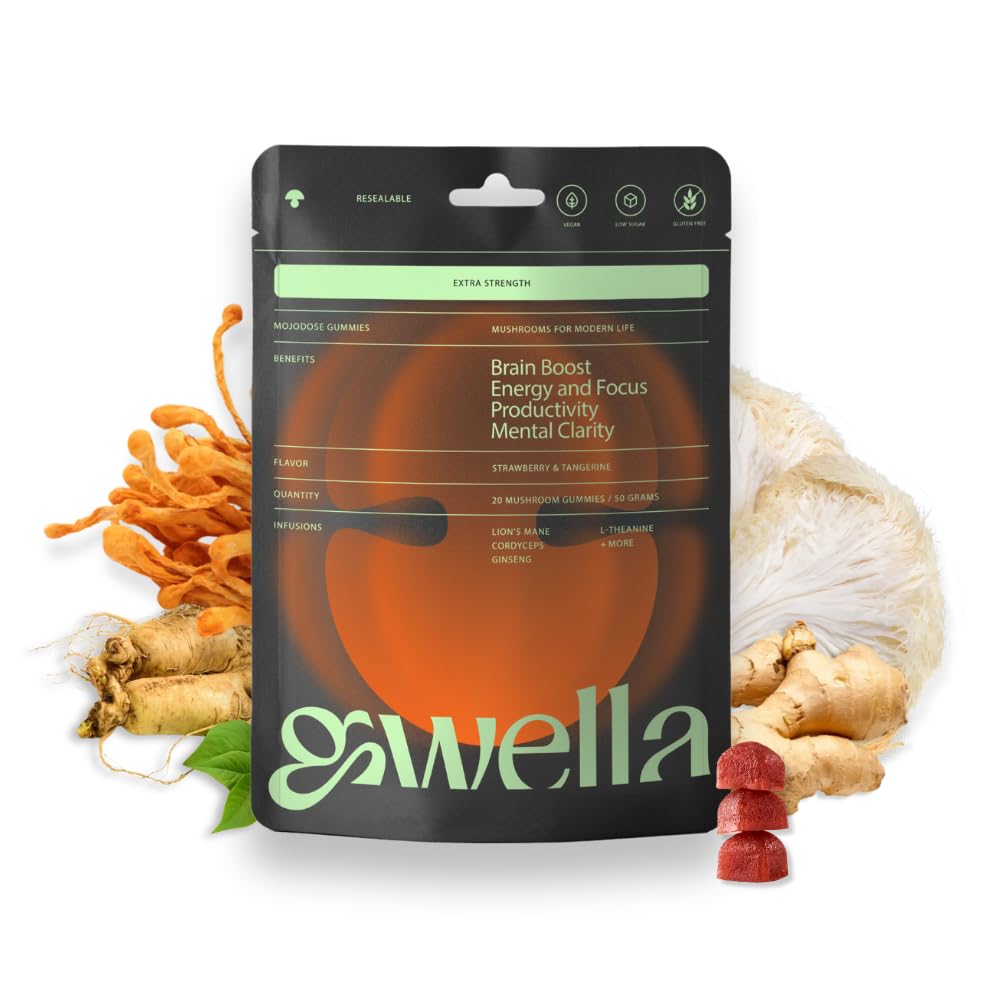 Gwella Focus Gummies with Lion’s Mane, Panax Ginseng, Ginger Root, Cordyceps, SAM-e, and Nootropics, Energy and Focus Supplement, Vegan, Strawberry Tangerine (20 Conde - Pack of 1)