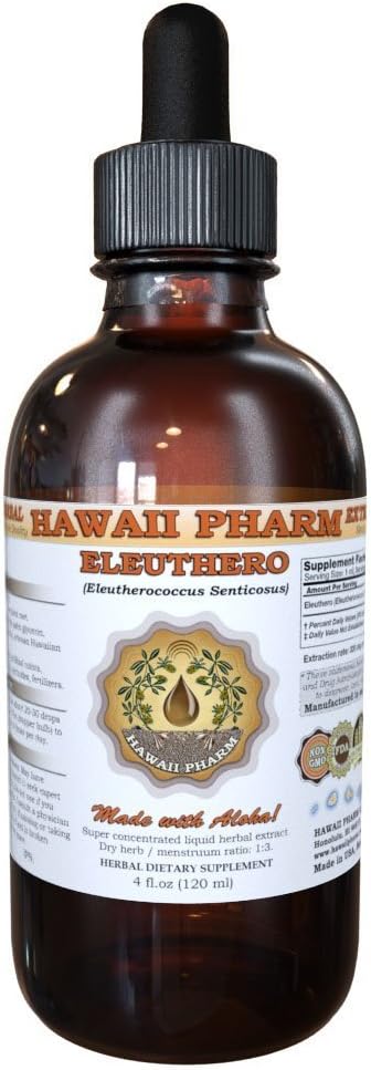 HawaiiPharm Eleuthero Liquid Extract, Organic Eleuthero (Eleutherococcus Senticosus) Siberian Ginseng Dried Root Tincture Suplemento 2 oz