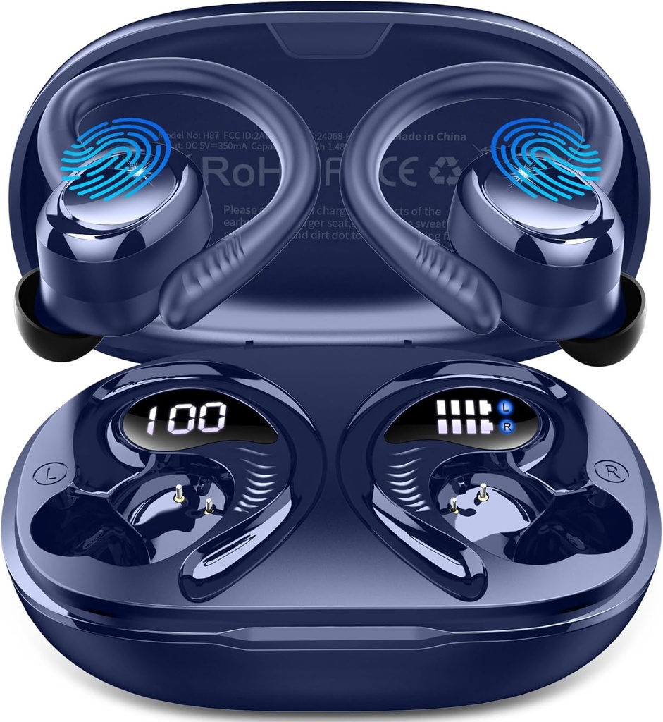 Wireless Earbuds Sport, 2025 Bluetooth 5.4 Auriculares con Earhooks, 50H Stereo Deep Bass Over Ear Buds con 4 ENC Noise Cancelar Mics, IP7 Auriculares resistentes al agua para ejecutar gimnasio de ejercicios - azul