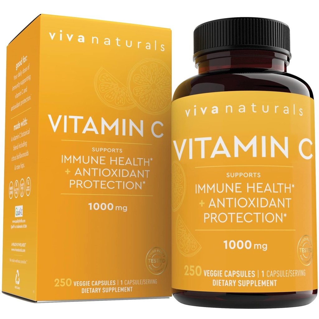 Viva Naturals Vitamina C, 1000 mg, 250 cápsulas vegetarianas – con Citrus Bioflavonoides &amp; Rosa HIPS, No GMO para Apoyo Inmuno &amp; Protección Antioxidante