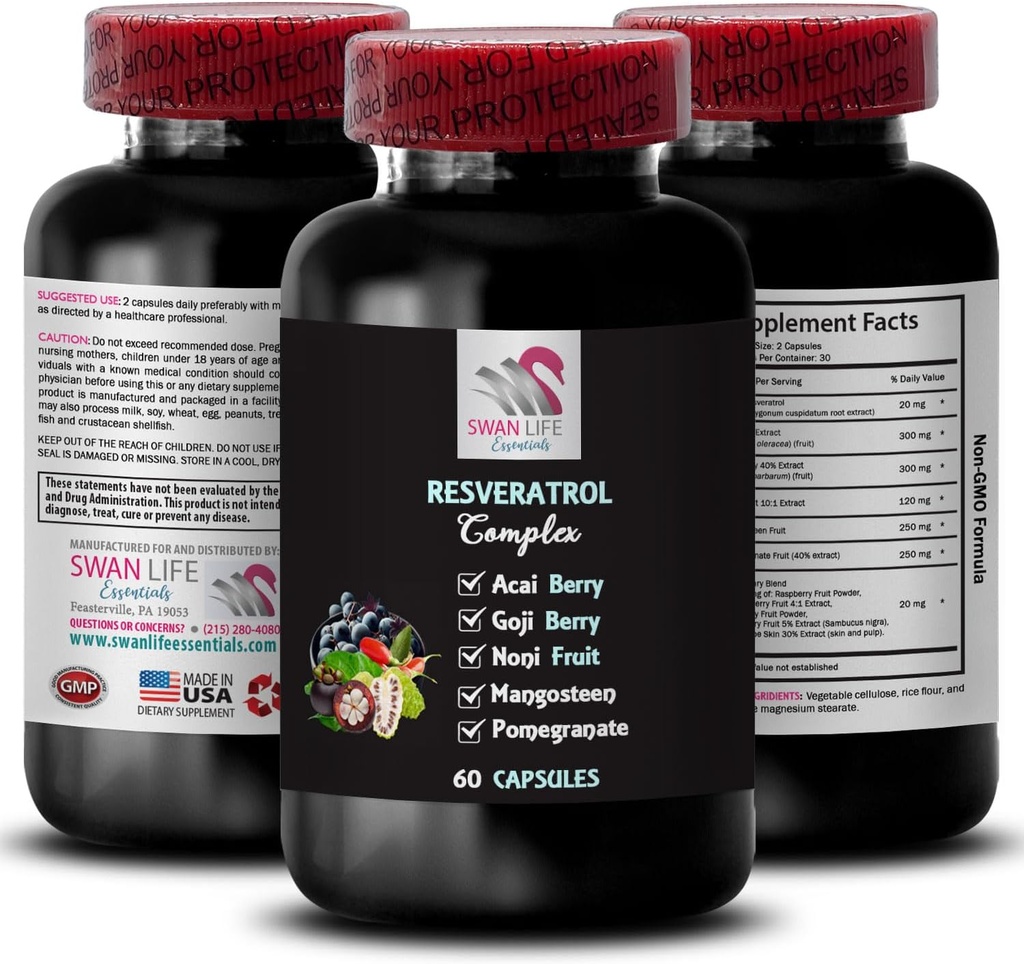 Ingredientes naturales - RESVERATROL COMLEX - Beneficios de Berry, Nutrient Boost, Energizing Support, Pomegranate Energy, Acai Berry Energy, Daily Support, Hydration Balance 1 Bottle 60 Capsules